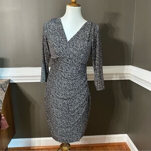 Ralph Lauren Black and White Ruched Faux Wrap 3/4 Sleeve Dress